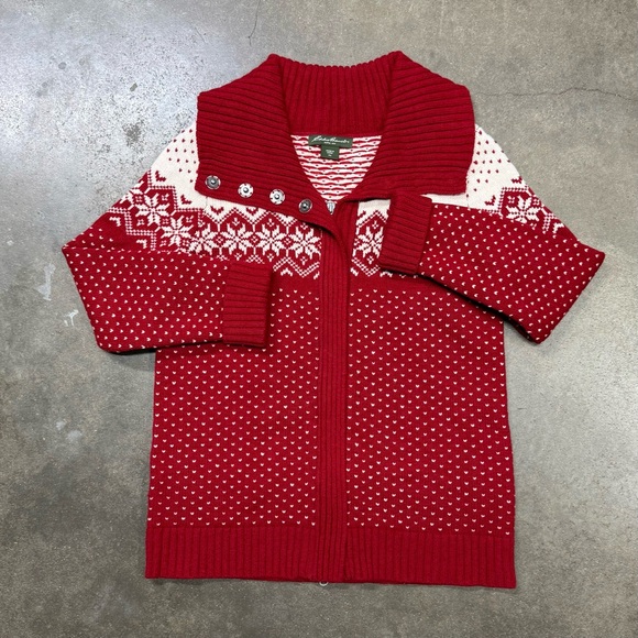 Eddie Bauer Sweaters - Eddie Bauer Lambswool Zip Cardigan Sweater Red Fair Isle Heart Knit